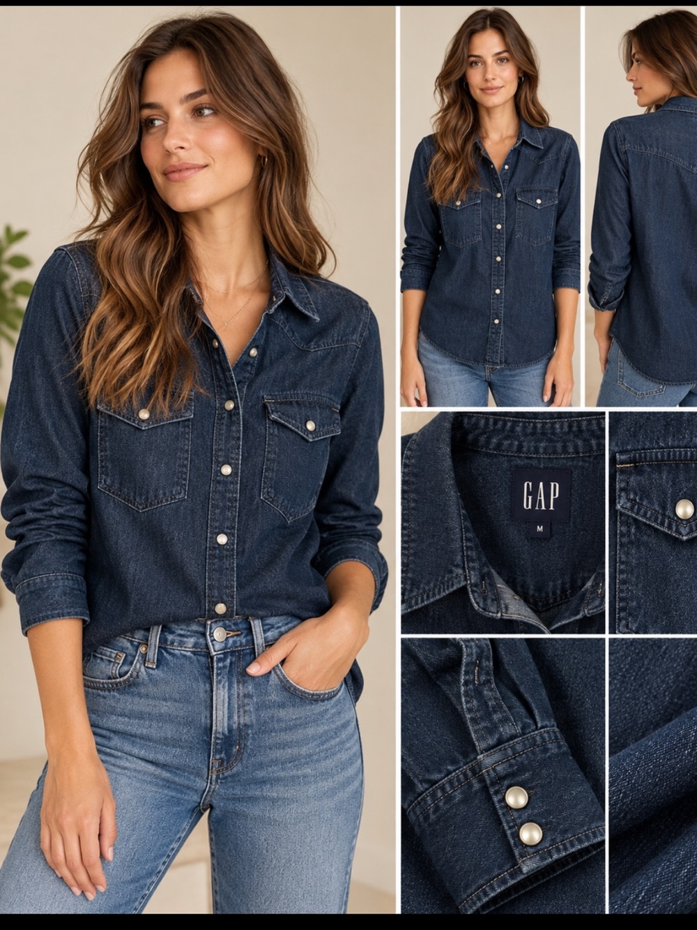 GAP Dark Indigo Denim Western Shirt Snap Button Long Sleeve Size M